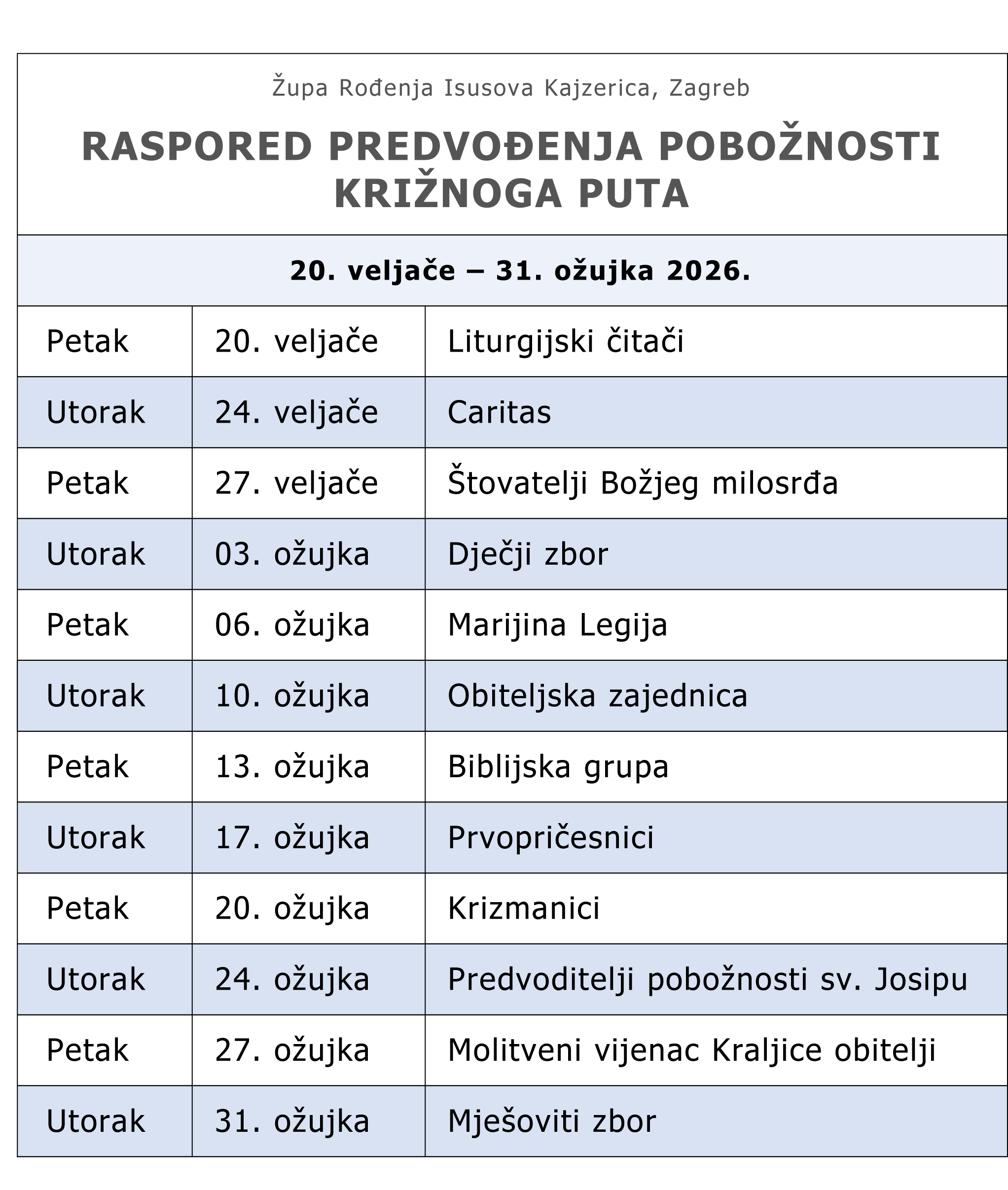 Križni put Raspored predvoditelja 2026